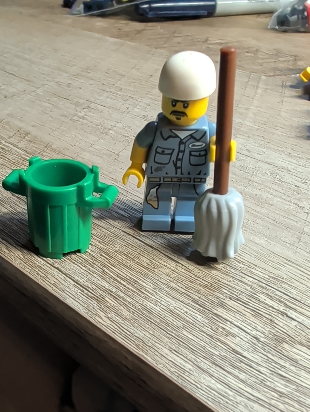 Lego Series 15 Janitor Minifigure with Mop and Green Trash Can